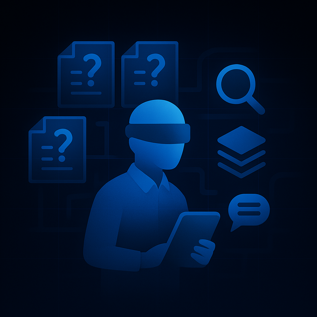 Person searching through confusion with question marks and magnifying glass
