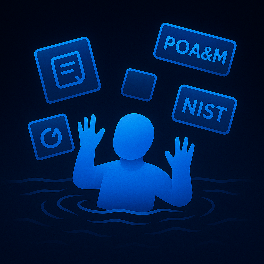 Person drowning in compliance checklists with POA&M and NIST badges