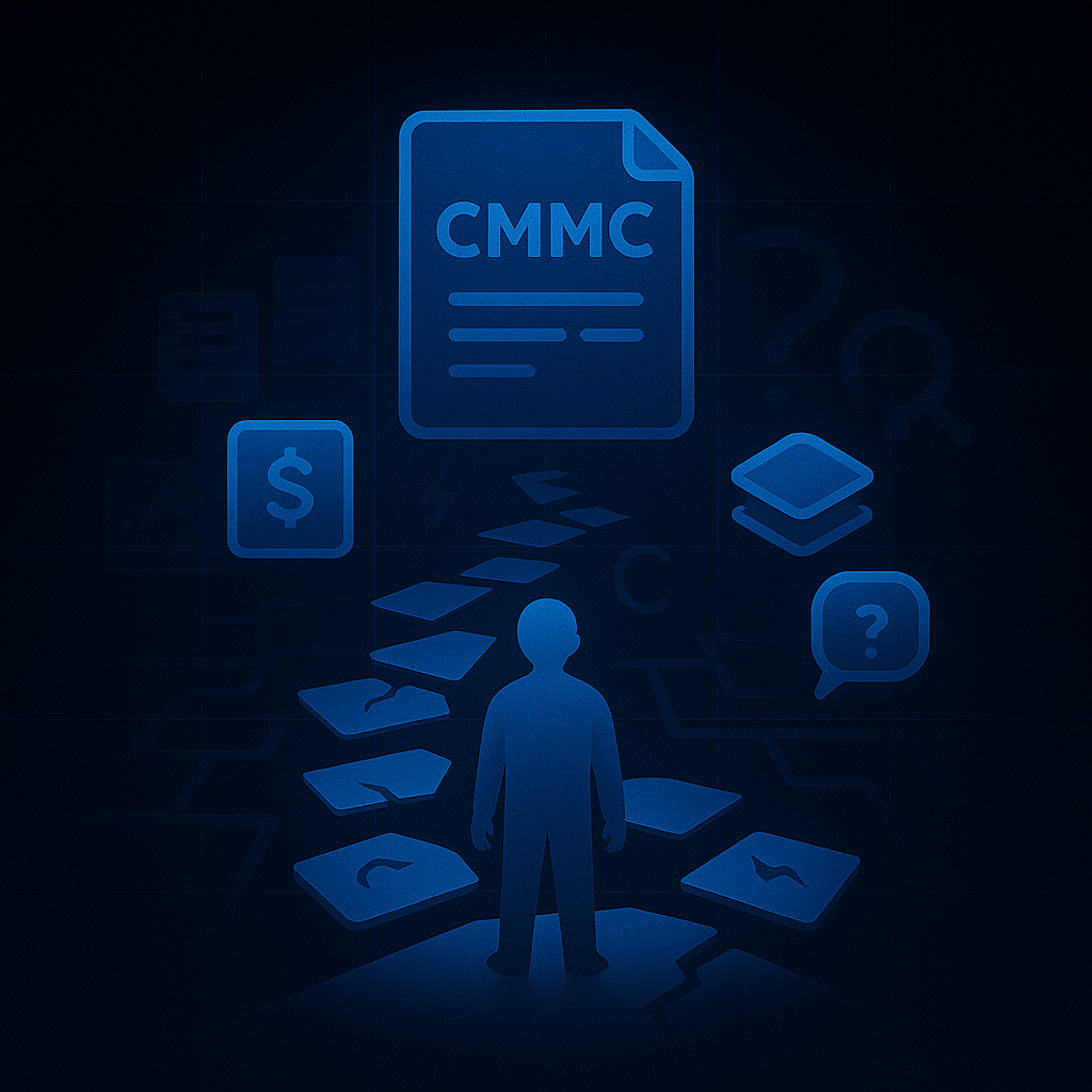 Person surrounded by scattered compliance cards and documents